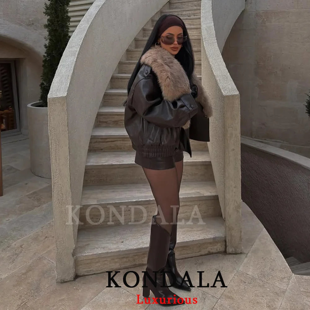 Fur-Collar Faux Leather Jacket