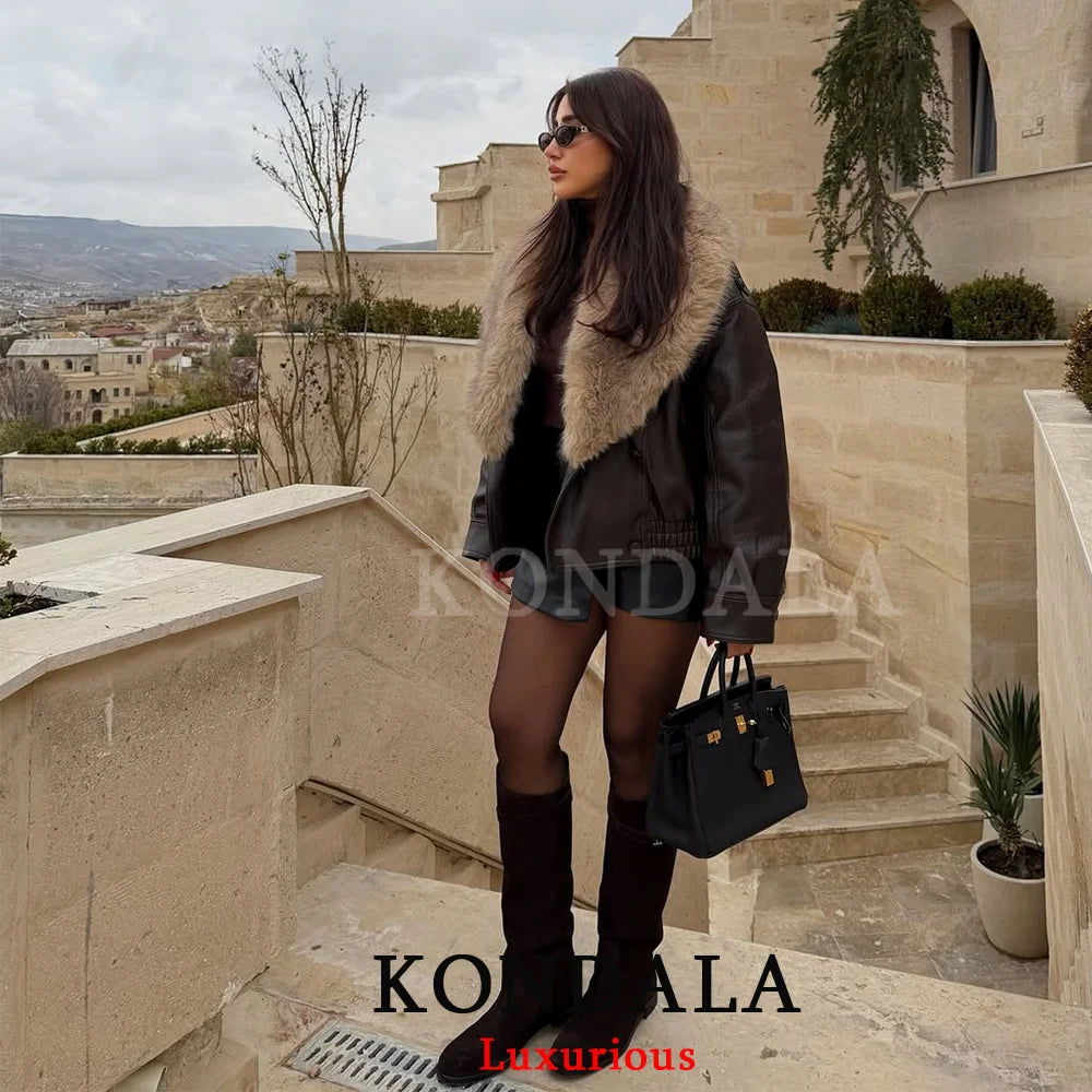 Fur-Collar Faux Leather Jacket