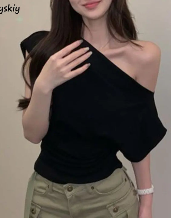 T-shirts Women Clothing Skew Collar Vintage Summer Aesthetic Sexy Off Shoulder Streetwear Elegant Minority Fashionable Pure 2023