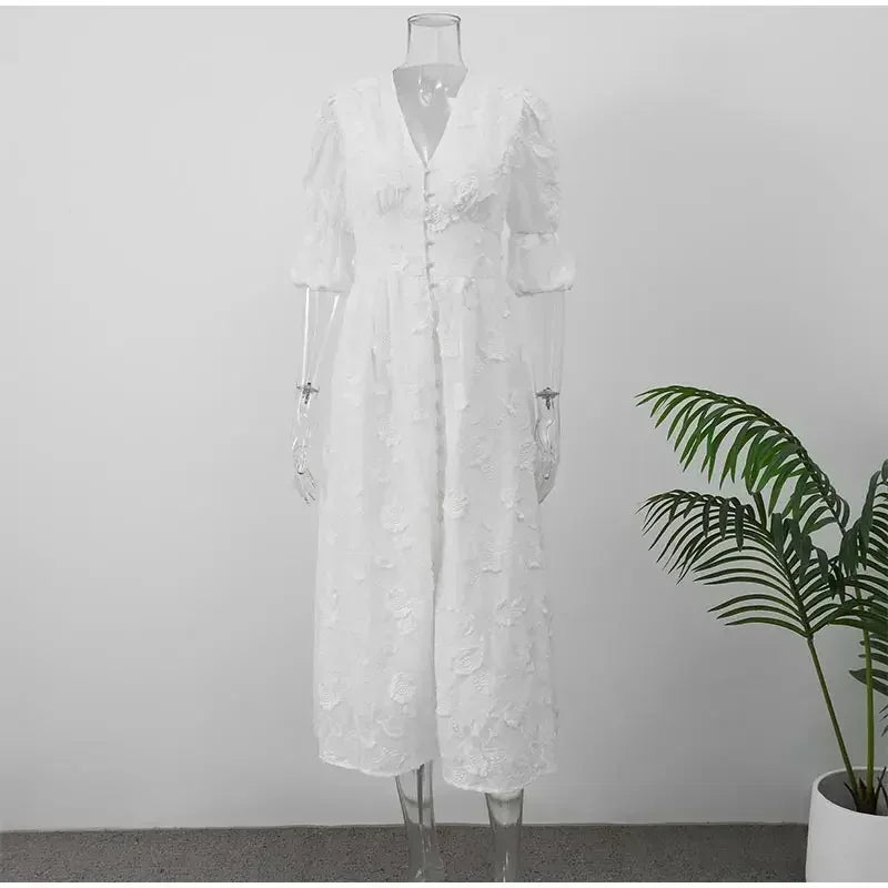 Elegant White Party Long Dress Women's Luxury V-neck Printed Single Breasted Split Evening Robe 2024 New Chic Street Dresses