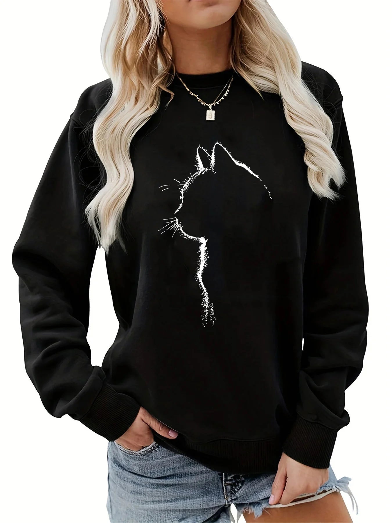 Women's autumn and winter casual loose and comfortable warm cat pattern printed round neck long sleeved pullover