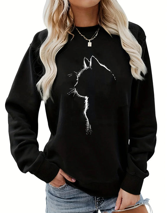 Women's autumn and winter casual loose and comfortable warm cat pattern printed round neck long sleeved pullover