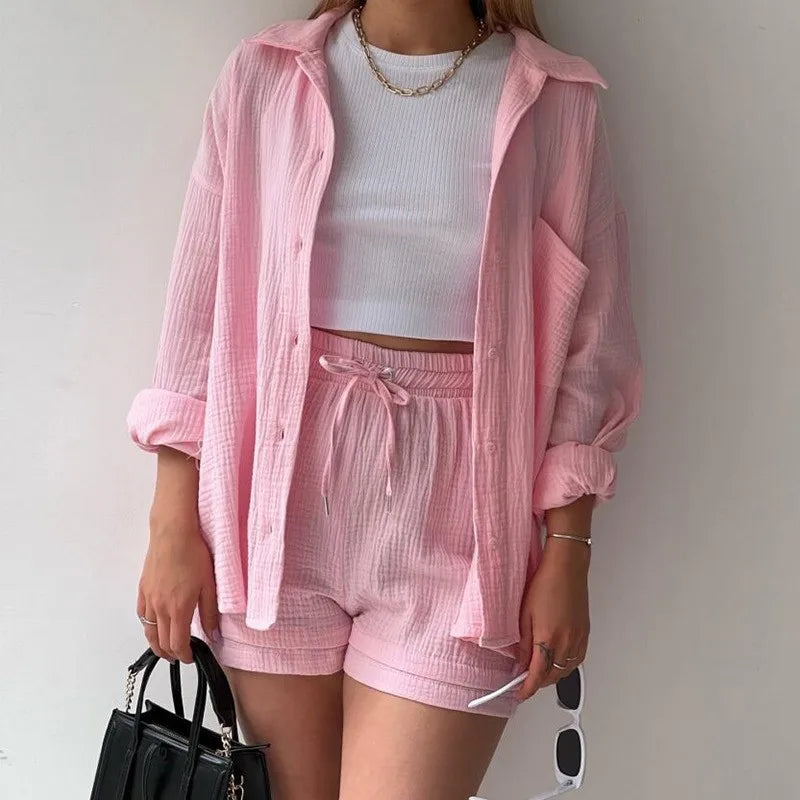 Women's Summer Shorts Set White Long Shirt High Waisted Pants Sets Casual Outfit Streetwear Suits For Women Female Clothing 2025