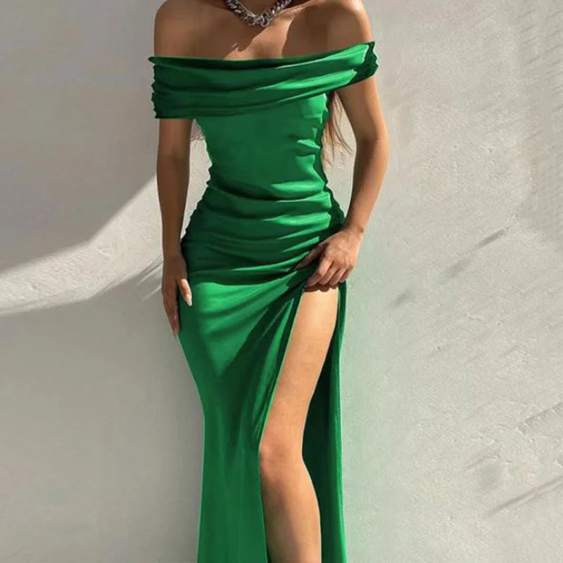 Fashion One-line Collar Off The Shoulder Dresses Women Commuter Slim Side Split Hem Dress Summer Gala Party Female Wrap Hip Gown