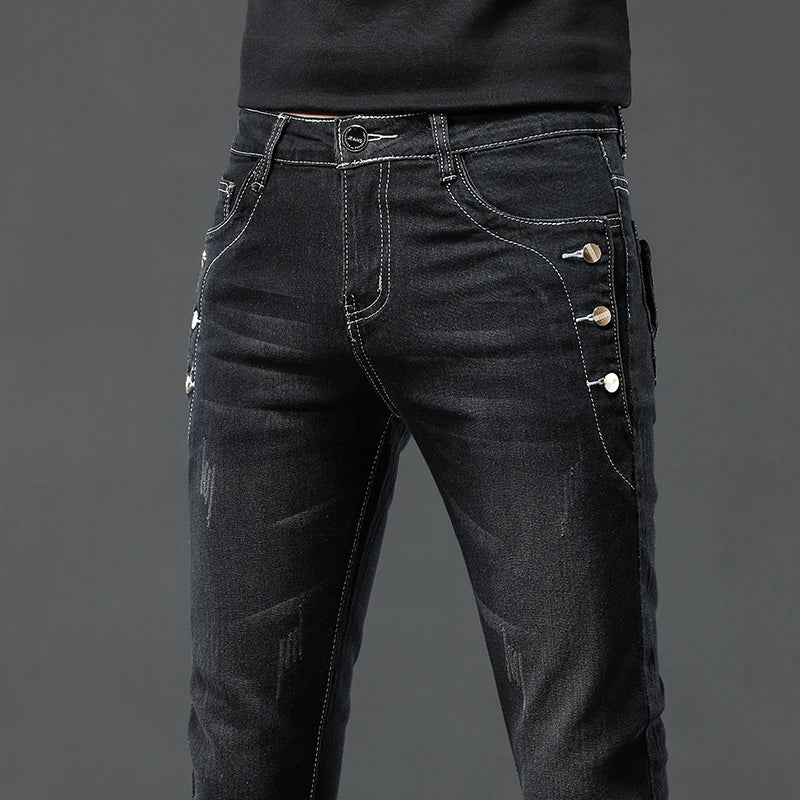 Vintage Fashion Men's Designer Jeans Snowflake Wash Korean Fashion Stretch Pants Male Classic Slim Denim Trousers