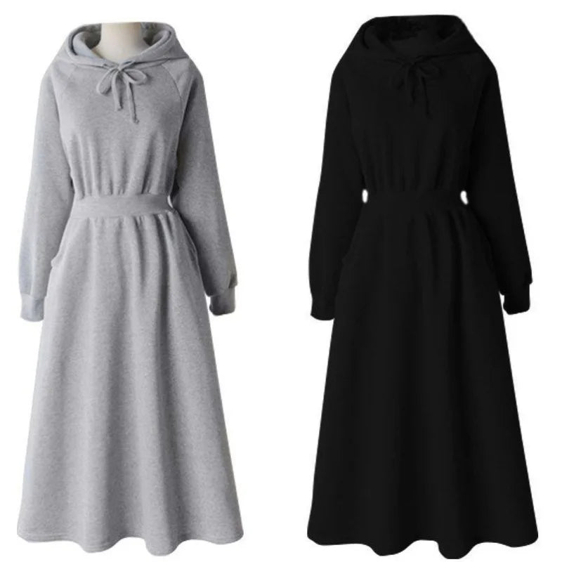 Autumn Winter Casual Women Hooded Cotton Long Dress Long Sleeved Pullover Solid Hoodie Shirring A-Line Floor-Length Rib Dresses