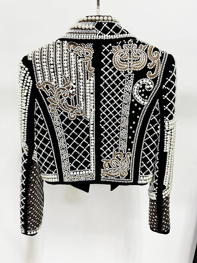 HIGH STREET Newest 2026 Stylish Designer Fashion Women's Luxurious Diamonds Pearls Embroidered Beaded Cropped Velvet Jacket