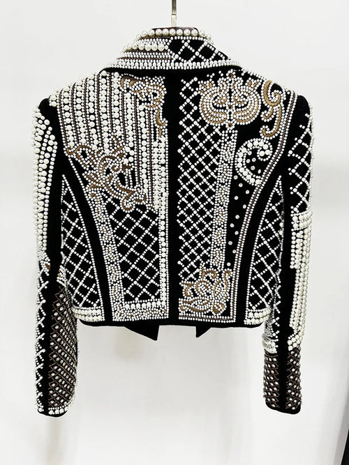 HIGH STREET Newest 2026 Stylish Designer Fashion Women's Luxurious Diamonds Pearls Embroidered Beaded Cropped Velvet Jacket