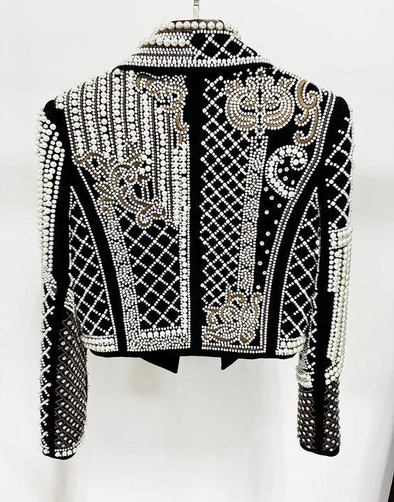HIGH STREET Newest 2026 Stylish Designer Fashion Women's Luxurious Diamonds Pearls Embroidered Beaded Cropped Velvet Jacket