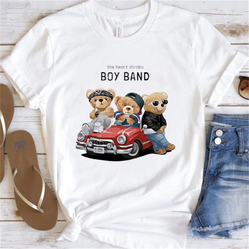 Fashion Graphic T-shirt Women Cute Bear Short-sleeved Clothes Women Print T-shirt Summer 90's Fashion Style Women T-shirt