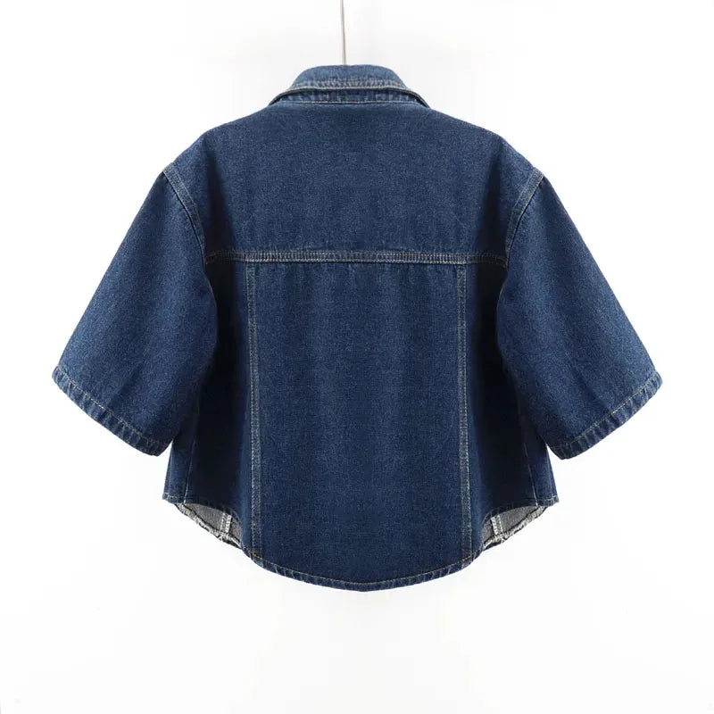 Vintage Cropped Denim Jacket Women Summer Loose Single Breasted Turn Down Collar Short Sleeve Tops Harajuku Casual Jean Jacket