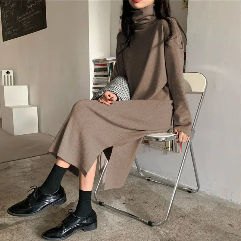 Smvp Fall Winter Turtleneck Long Dress Women Basic Solid Casual Loose Long Sleeve Dresses Female Streetwear Side Split Dress
