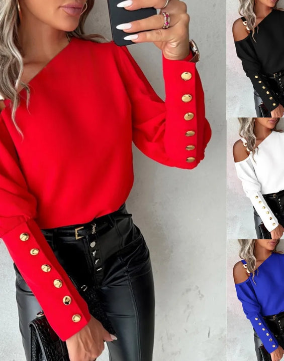 shirt Women Blouse off-shoulder Button Long Sleeve Sexy Autumn Spring Top Vintage Shirts Casual Office Lady Tops 2025 streetwear