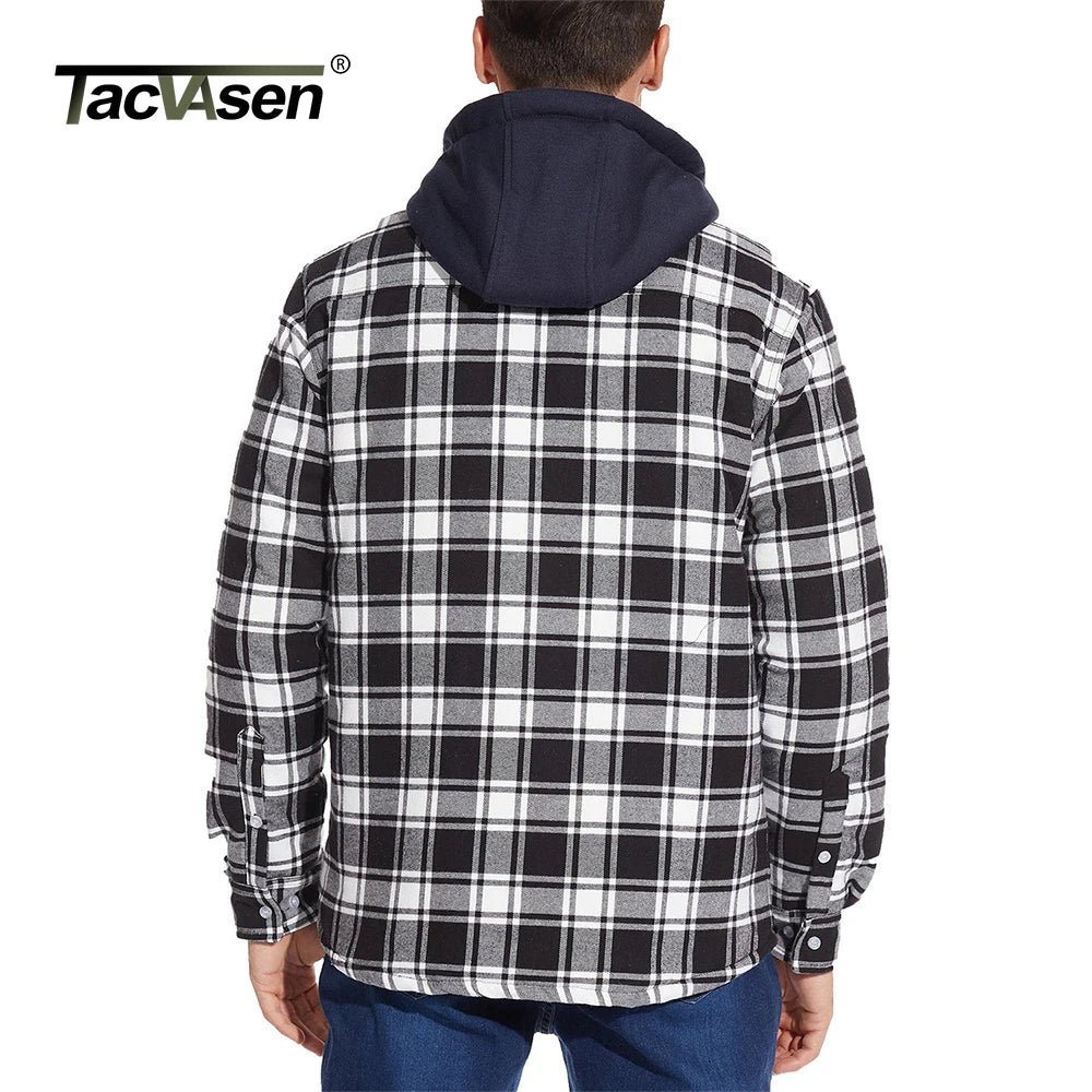 TACVASEN Men's Flannel Shirt Jacket with Removable Hood Plaid Quilted Lined Winter Coats Thick Hoodie Outwear Man Fleece Shirts