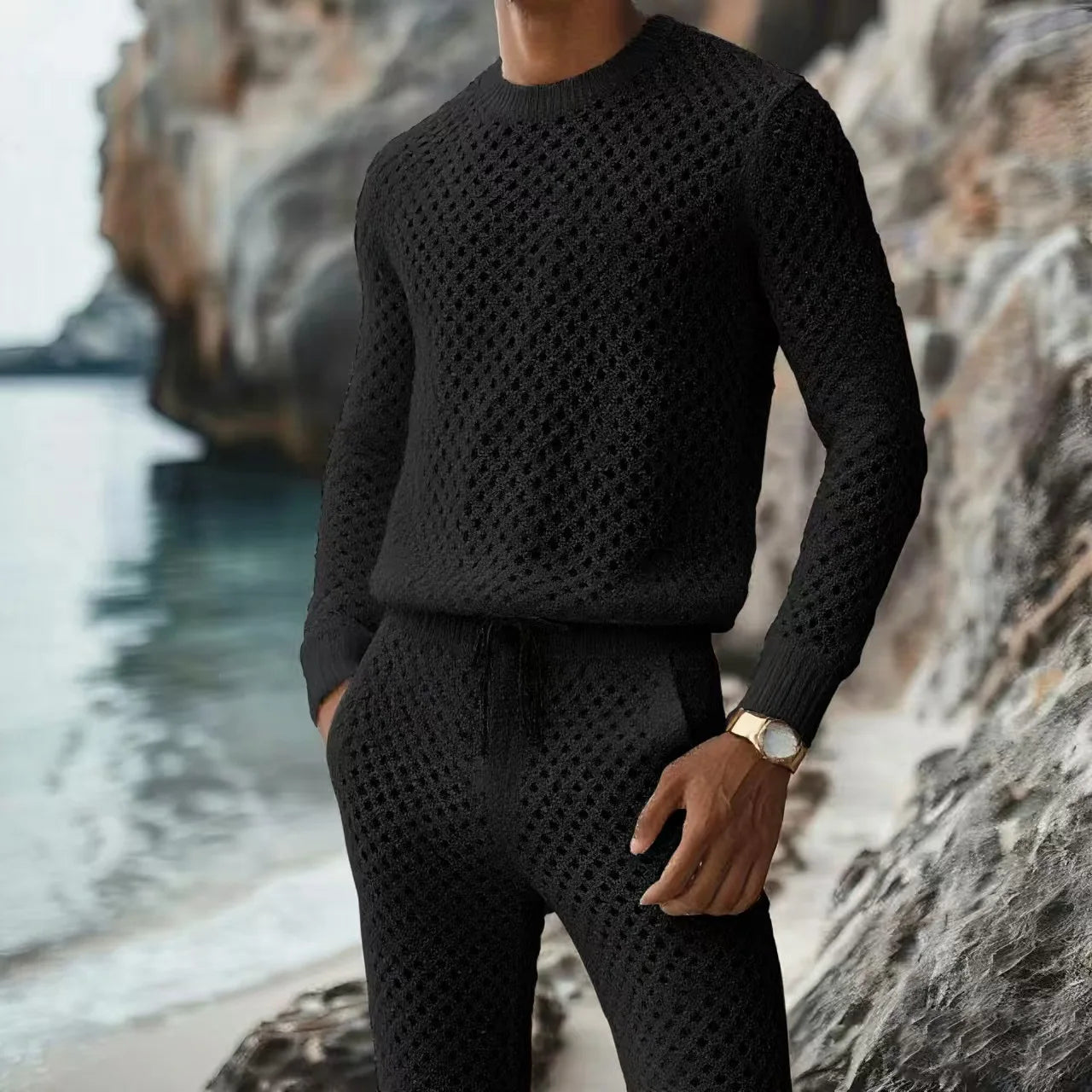 Autumnr Hollow Out Knitted Two Piece Sets Men Casual Solid Color Long Sleeve Tops and Pants Suits Mens Vintage Knit Outfits