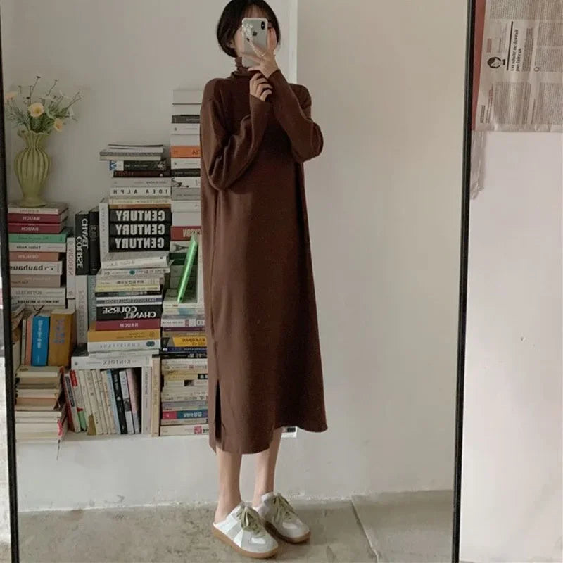 Smvp Fall Winter Turtleneck Long Dress Women Basic Solid Casual Loose Long Sleeve Dresses Female Streetwear Side Split Dress