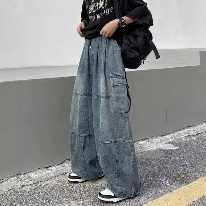 Baggy Jeans Women Oversized Vintage Denim Pants Men Retro Harajuku Wide Leg Jeans Casual Loose Elastic Waist Streetwear Trousers