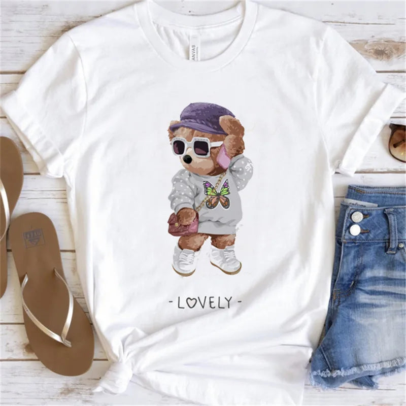 Fashion Graphic T-shirt Women Cute Bear Short-sleeved Clothes Women Print T-shirt Summer 90's Fashion Style Women T-shirt