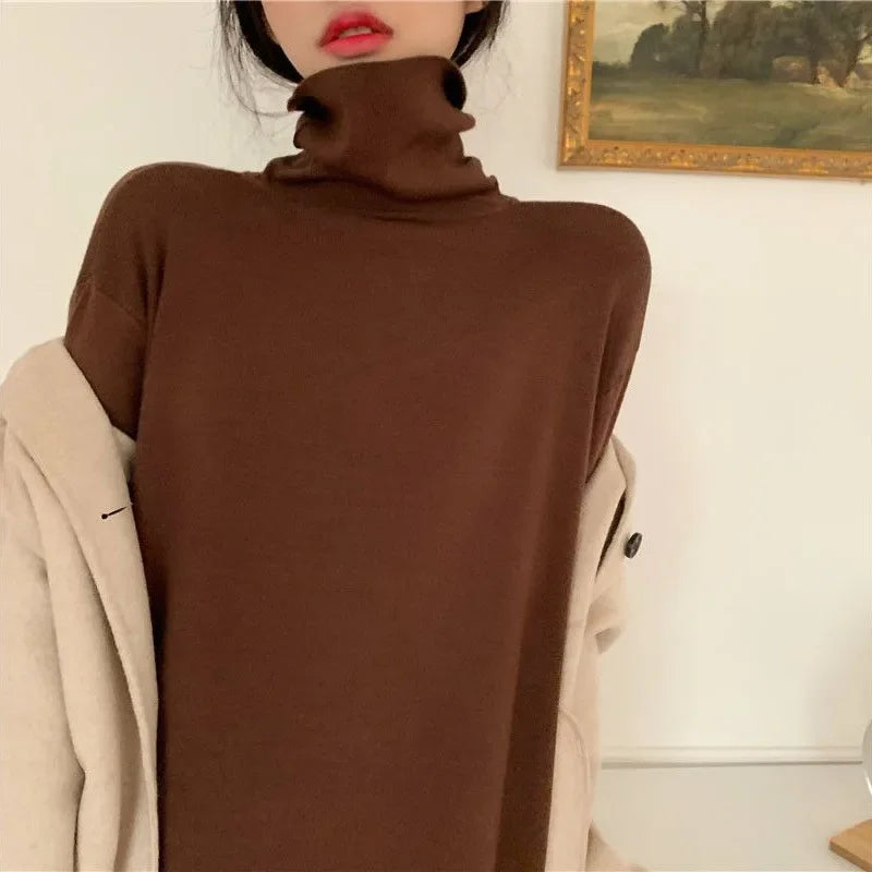 Smvp Fall Winter Turtleneck Long Dress Women Basic Solid Casual Loose Long Sleeve Dresses Female Streetwear Side Split Dress