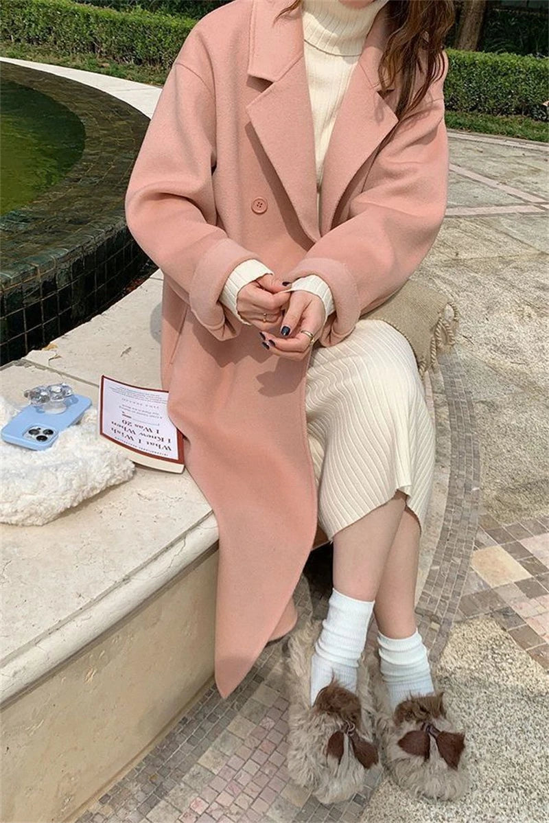 100% Wool Coat Lapel Overcoat Women Wool Blend Double Breasted Long Sleeve Shoulder Pad Coat 2024 Autumn Female Outwear
