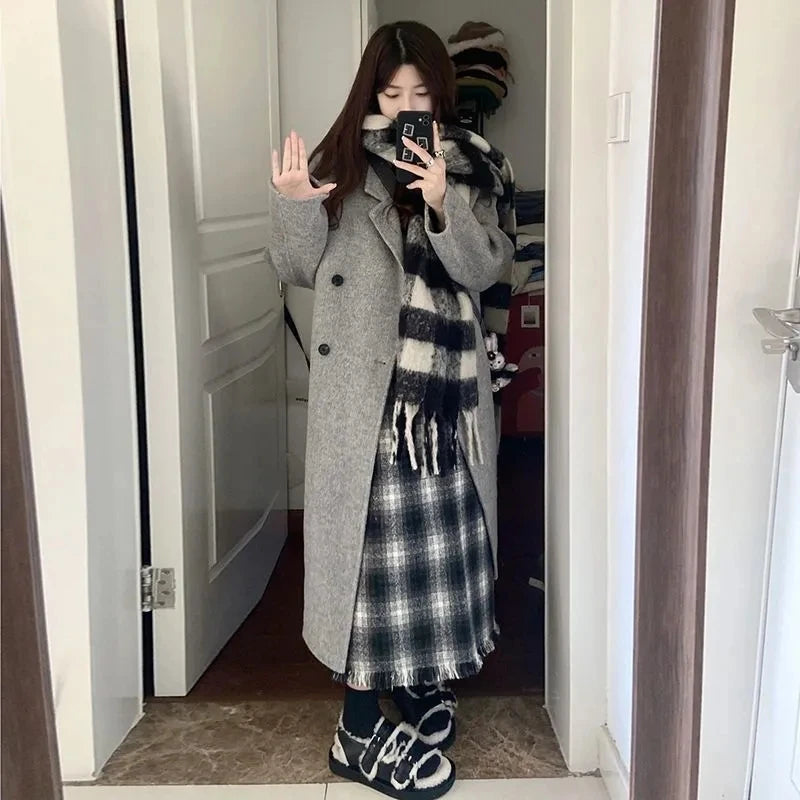 100% Wool Coat Lapel Overcoat Women Wool Blend Double Breasted Long Sleeve Shoulder Pad Coat 2024 Autumn Female Outwear