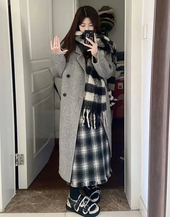 100% Wool Coat Lapel Overcoat Women Wool Blend Double Breasted Long Sleeve Shoulder Pad Coat 2024 Autumn Female Outwear