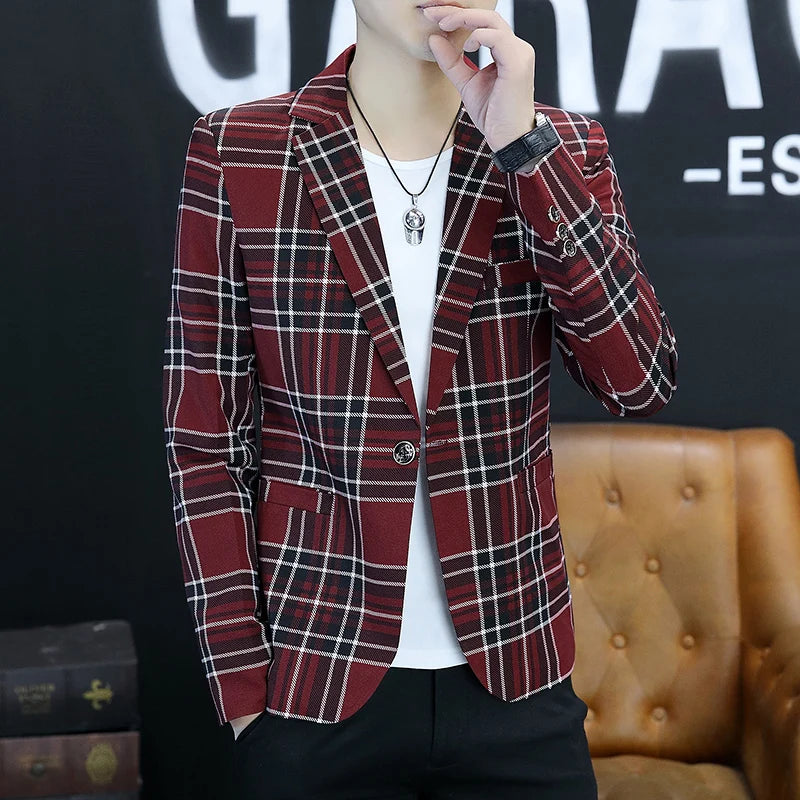 Spring Autumn 2024 Casual Checkered Slim Fit Men's Suit Jacket Korean Style Fashion Handsome Young Men's Clothing