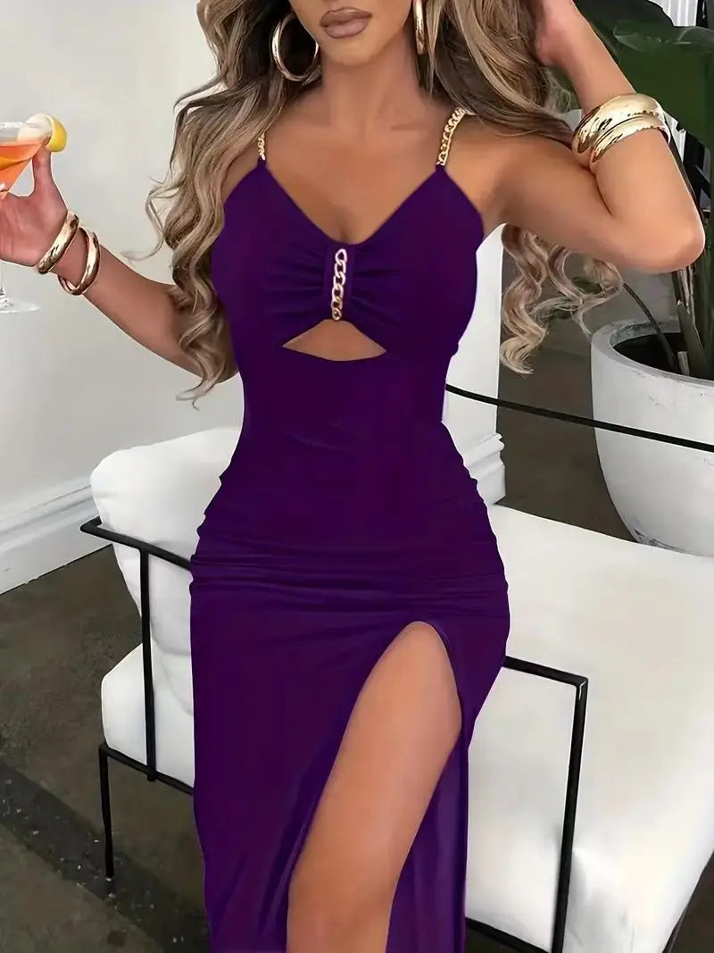 Slip Dress Women Sexy Sundress Split Chain Hollow Out V Neck Sleeveless Maxi Gown Bodycon Vestidos Party Sheath Dresses 2025