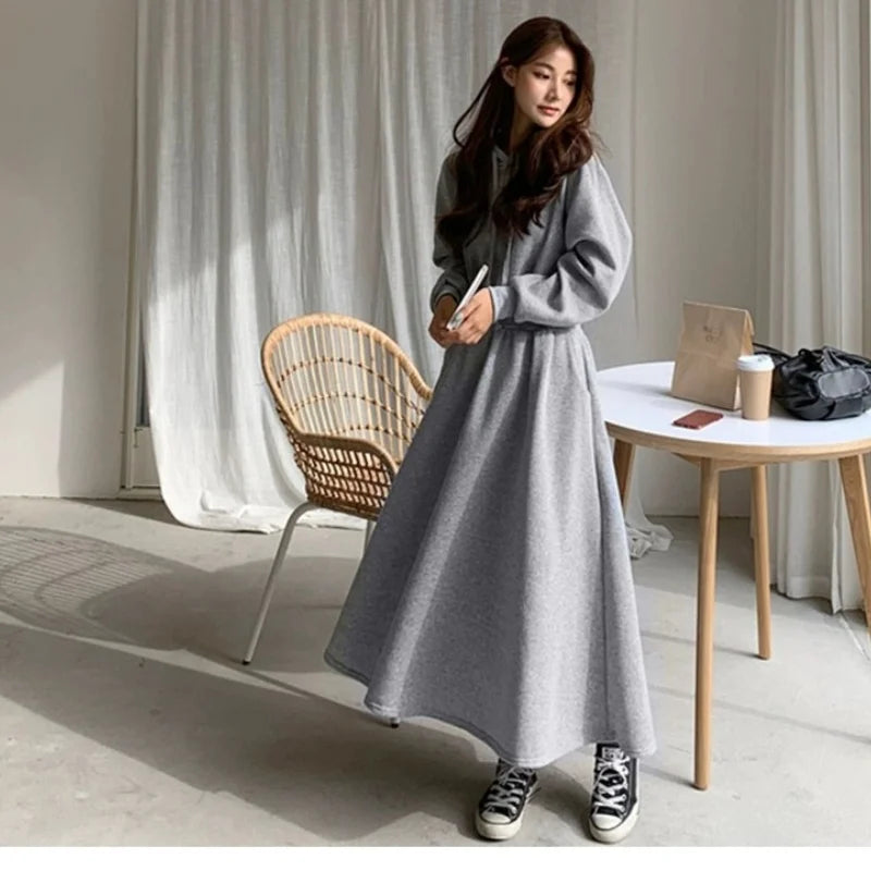 Autumn Winter Casual Women Hooded Cotton Long Dress Long Sleeved Pullover Solid Hoodie Shirring A-Line Floor-Length Rib Dresses