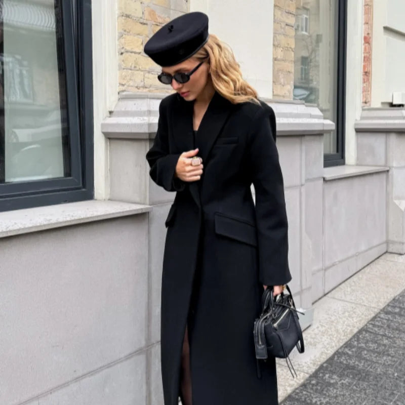 Elegant Women's Woolen Coat Black Single-Button Stand Collar Slim Lady Long Coats 2025 Autumn Winter Chic Female Streetwear New