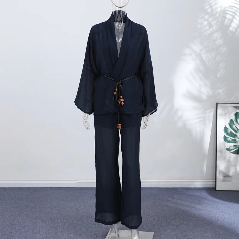 Tie Front Textured Women Set V-Neck Loose Set Wide Sleeve Drawstring Pants Casual Lounge Solid Color 2 Piece Outfits For Daily