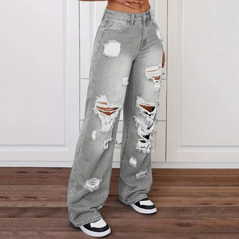 ANJY Spring Autumn New Women Washed Vintage Ripped Design High Street Jeans Trendy Fashion Straight Versatile Denim Pants A23084