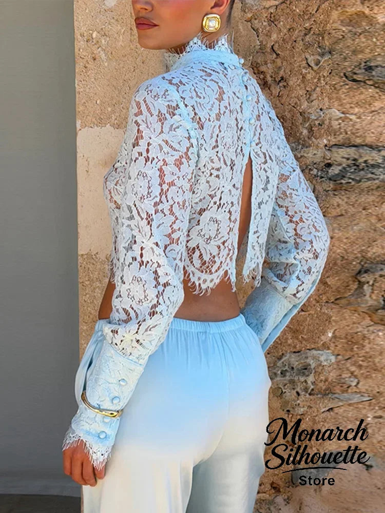 Lace Top Pants 2 Piece Set Women Chic Solid Half High Collar Cropped Back Split Long Pant Suit 2026 Lady Daily Street Outfit New