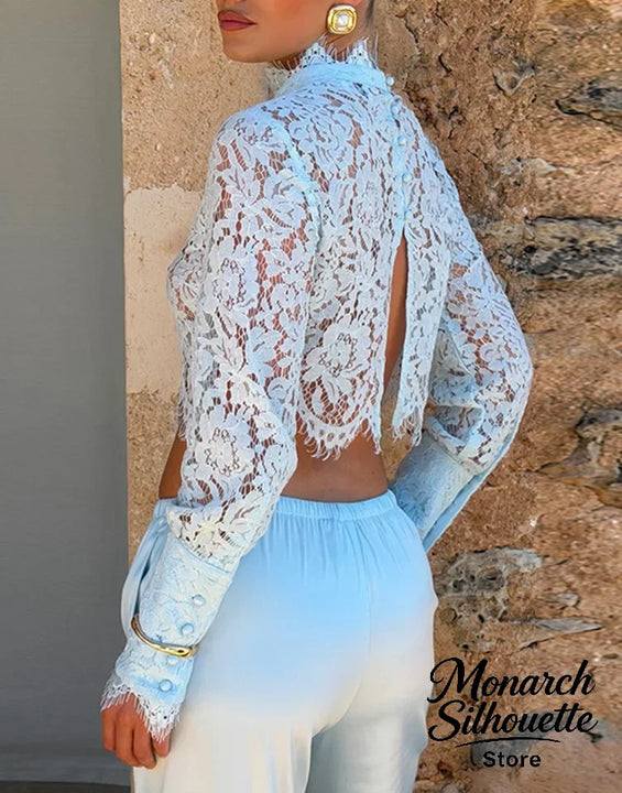 Lace Top Pants 2 Piece Set Women Chic Solid Half High Collar Cropped Back Split Long Pant Suit 2026 Lady Daily Street Outfit New
