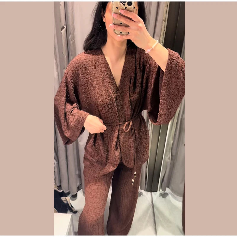 Tie Front Textured Women Set V-Neck Loose Set Wide Sleeve Drawstring Pants Casual Lounge Solid Color 2 Piece Outfits For Daily