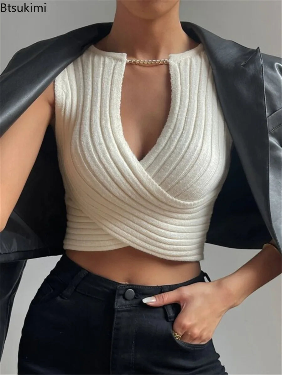 Sexy Crossed Knitted Sweater Bottoming Vest Fashion Design Slim Solid Knit V-neck Vests T-shirt Autumn Winter Cropped Tank Tops
