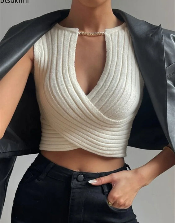 Sexy Crossed Knitted Sweater Bottoming Vest Fashion Design Slim Solid Knit V-neck Vests T-shirt Autumn Winter Cropped Tank Tops