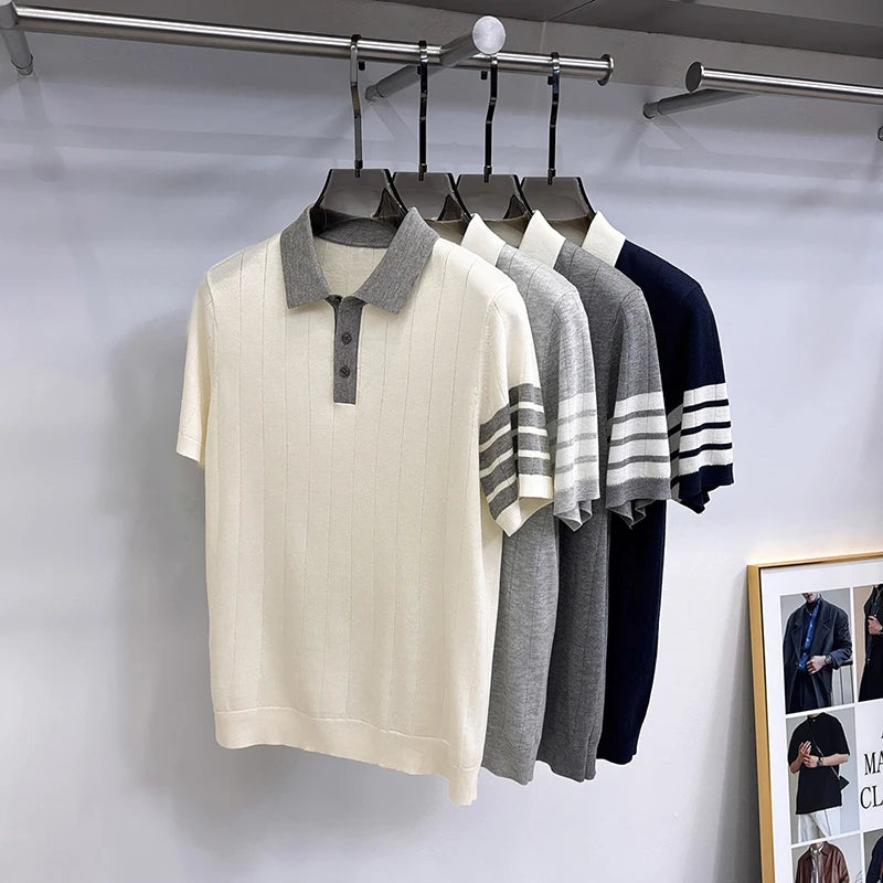 High Quality Man Summer Short-Sleeved Polo Shirt Lapel Button Stripe Color Blocking Old Money Style Snug Ventilate Men'sClothing