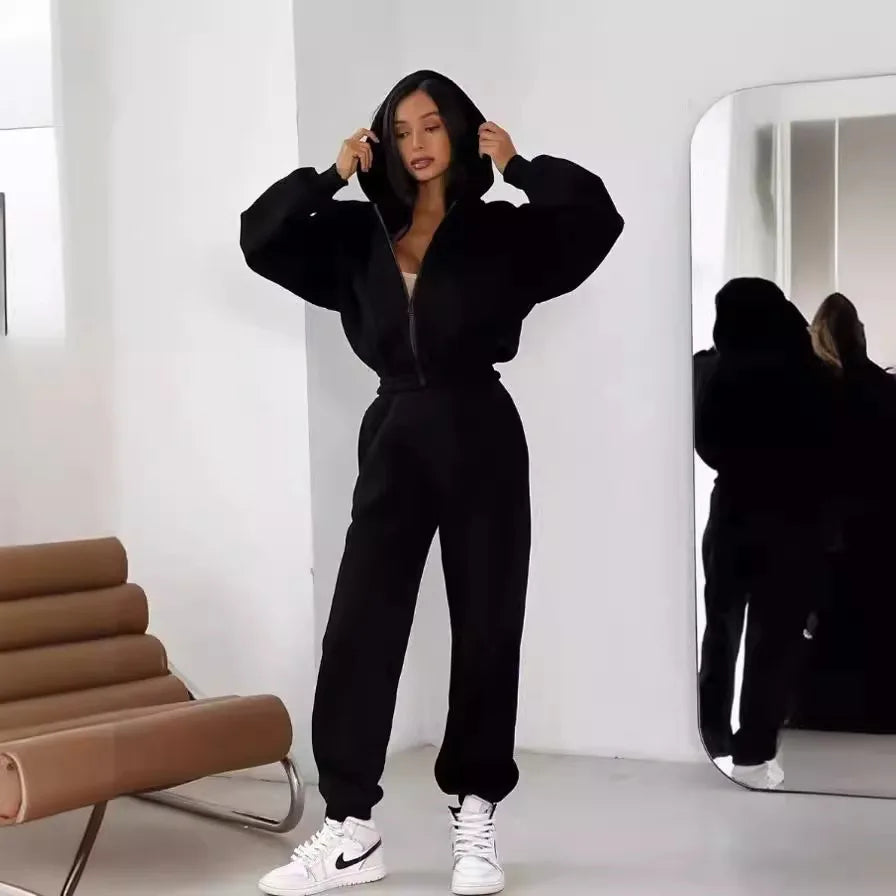Pant Sets Two Pieces Hooded Solid Hoodies Matching Sets Zipper Sweatshirts Long Sleeve Loose Drawstring Pencil Pants Casual
