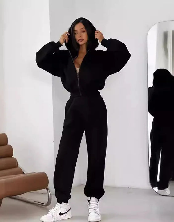 Pant Sets Two Pieces Hooded Solid Hoodies Matching Sets Zipper Sweatshirts Long Sleeve Loose Drawstring Pencil Pants Casual