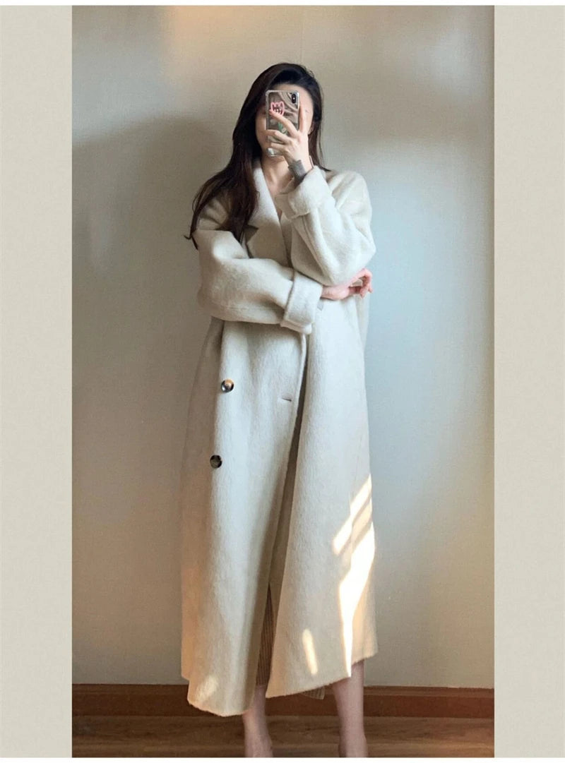100% Wool Coat Lapel Overcoat Women Wool Blend Double Breasted Long Sleeve Shoulder Pad Coat 2024 Autumn Female Outwear