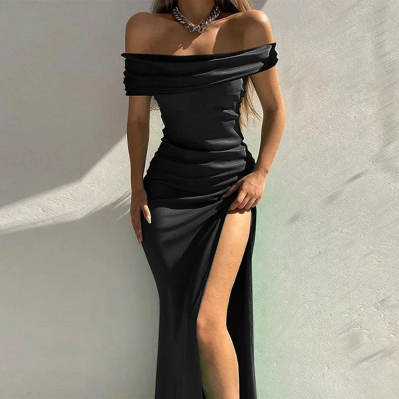 Fashion One-line Collar Off The Shoulder Dresses Women Commuter Slim Side Split Hem Dress Summer Gala Party Female Wrap Hip Gown