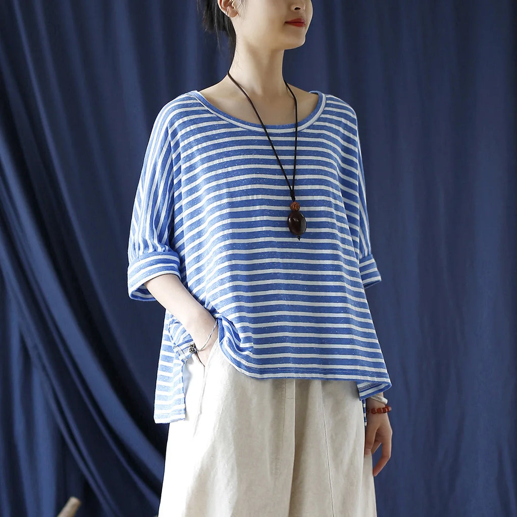 Johnature Women Casual Striped T-Shirts O-Neck Half Sleeve Tees 2025 Autumn New Cotton Soft Women Clothes Loose T-Shirts