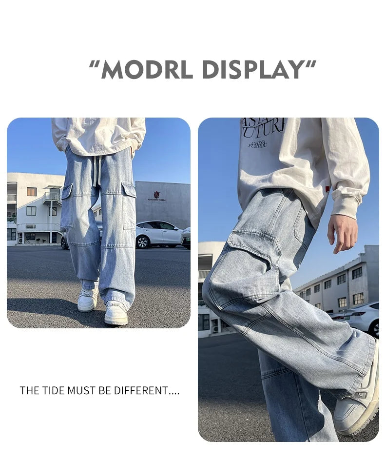 2025 new men's cement grey work jeans Y2K street hip-hop large pocket wide-leg straight jeans trousers jogging black light blue