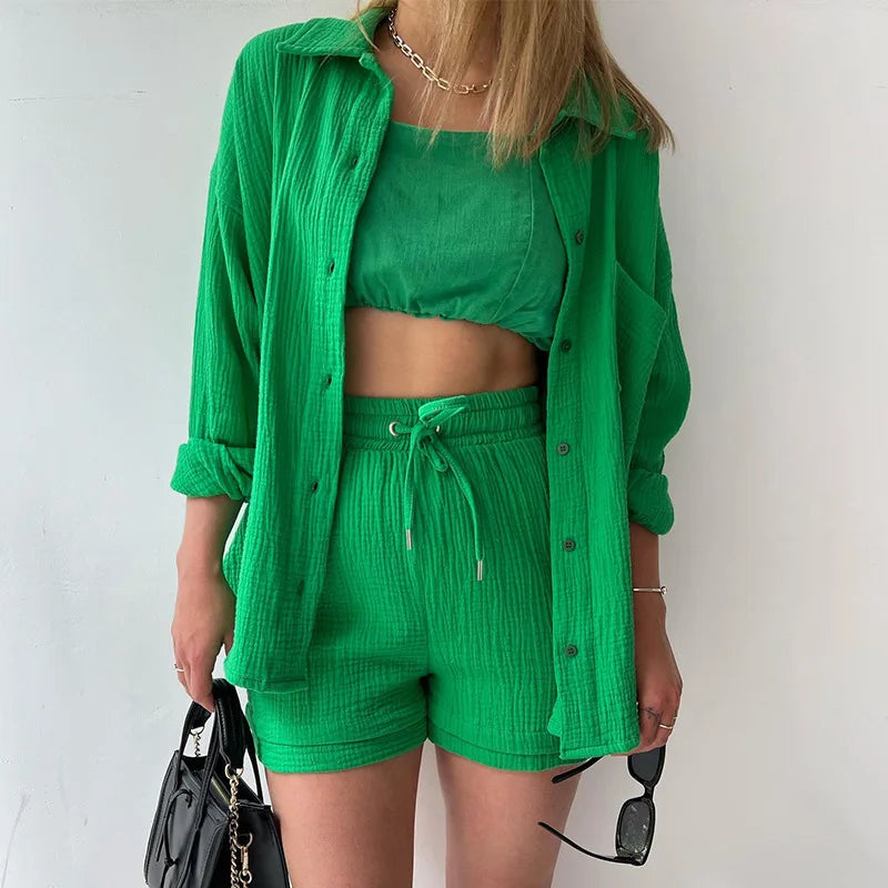 Women's Summer Shorts Set White Long Shirt High Waisted Pants Sets Casual Outfit Streetwear Suits For Women Female Clothing 2025