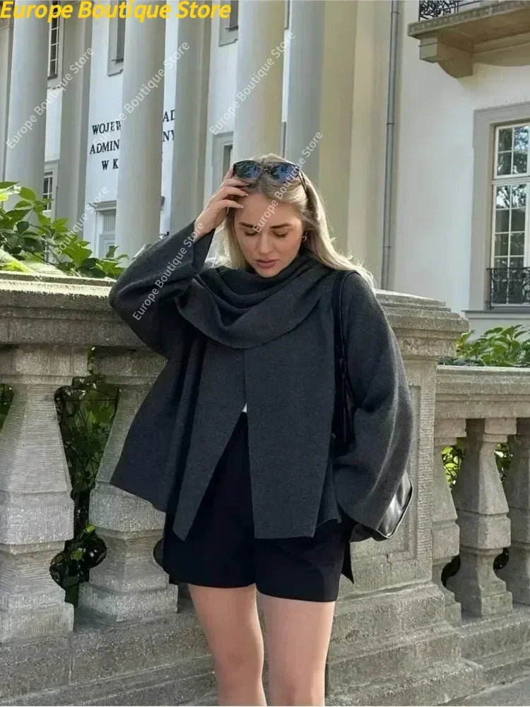 Autumn Short Gray Knitted Cloak Jacket Ladies with Scarf Women Fashion Long Sleeve Loose Cardigan Female Winter Elegant Chic New