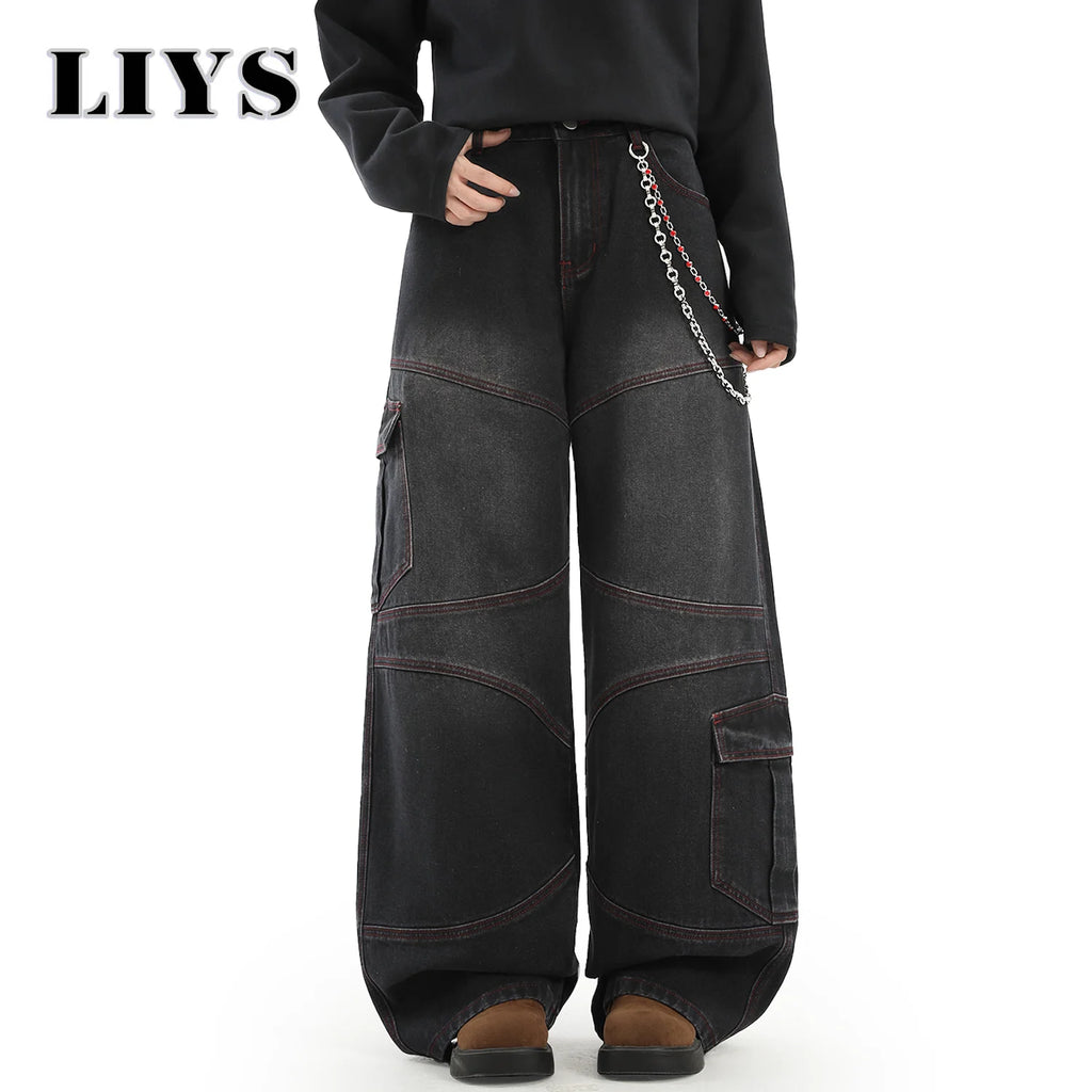American Street Retro Bright Thread Deconstruction Loose Wide Leg Jeans Unisex  Baggy Men's Clothes Multi Pocket Workwear Jeans