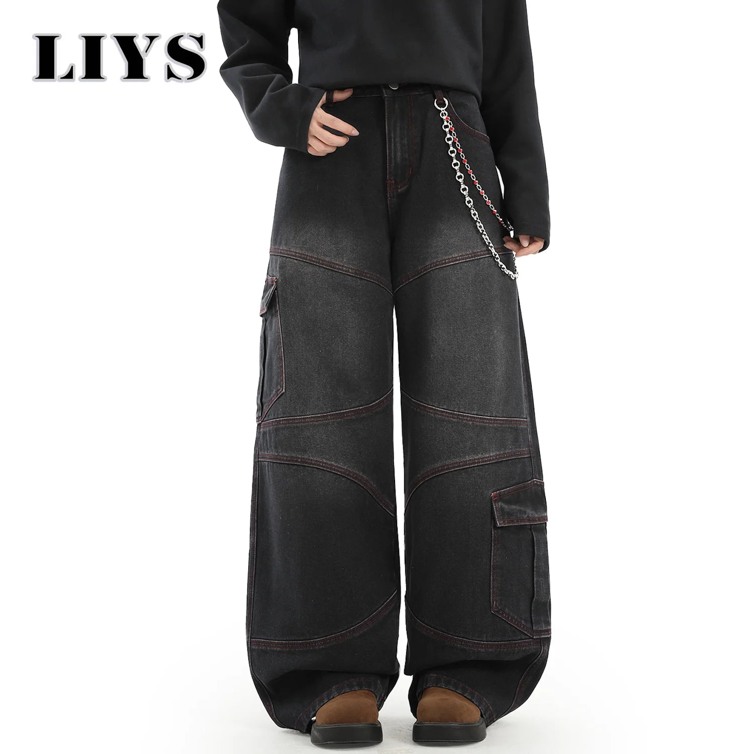 American Street Retro Bright Thread Deconstruction Loose Wide Leg Jeans Unisex  Baggy Men's Clothes Multi Pocket Workwear Jeans