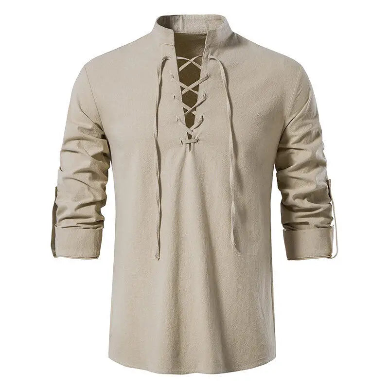 Men's  Casual Henley Shirt  Stand Collar Long Sleeve with Drawstring Cuffs Casual Henry Collar Shirt