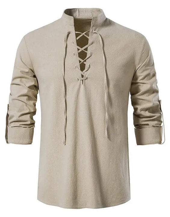 Men's  Casual Henley Shirt  Stand Collar Long Sleeve with Drawstring Cuffs Casual Henry Collar Shirt